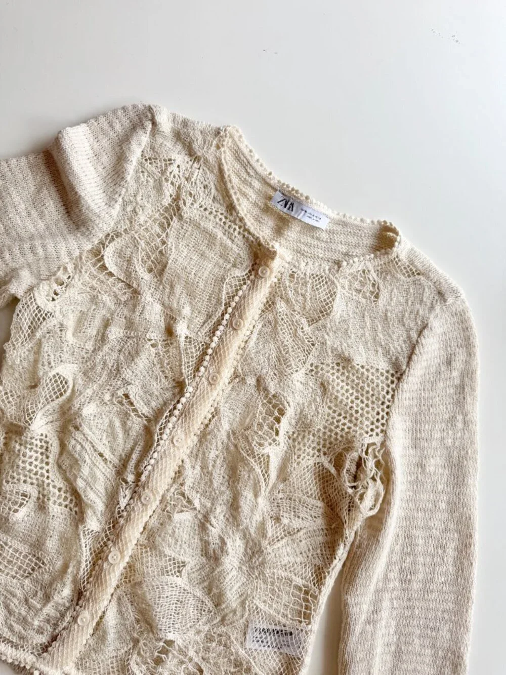 ZARA Ecru Ivory Contrast Cotton Blend Lace Knit Cardigan Sweater, Size XL - Picture 6 of 16
